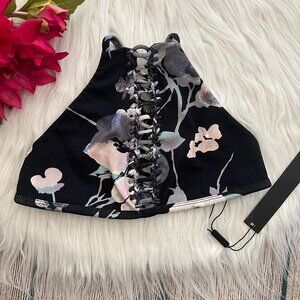 B1 -- NWT black INDAH BODY floral lace up danish high swim bikini top size 1